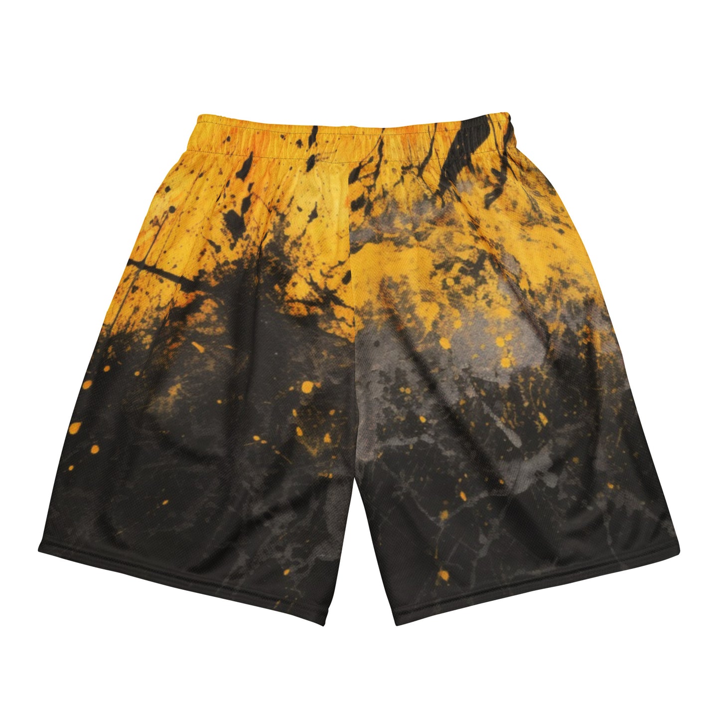 Schwarze und gelbe Tintenklecks-Mesh-Shorts für Unisex
