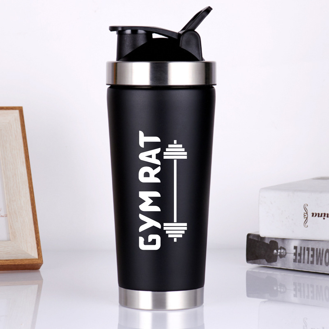 Elevate your fitness game with our "GYM RAT Stainless Steel Protein Shaker.