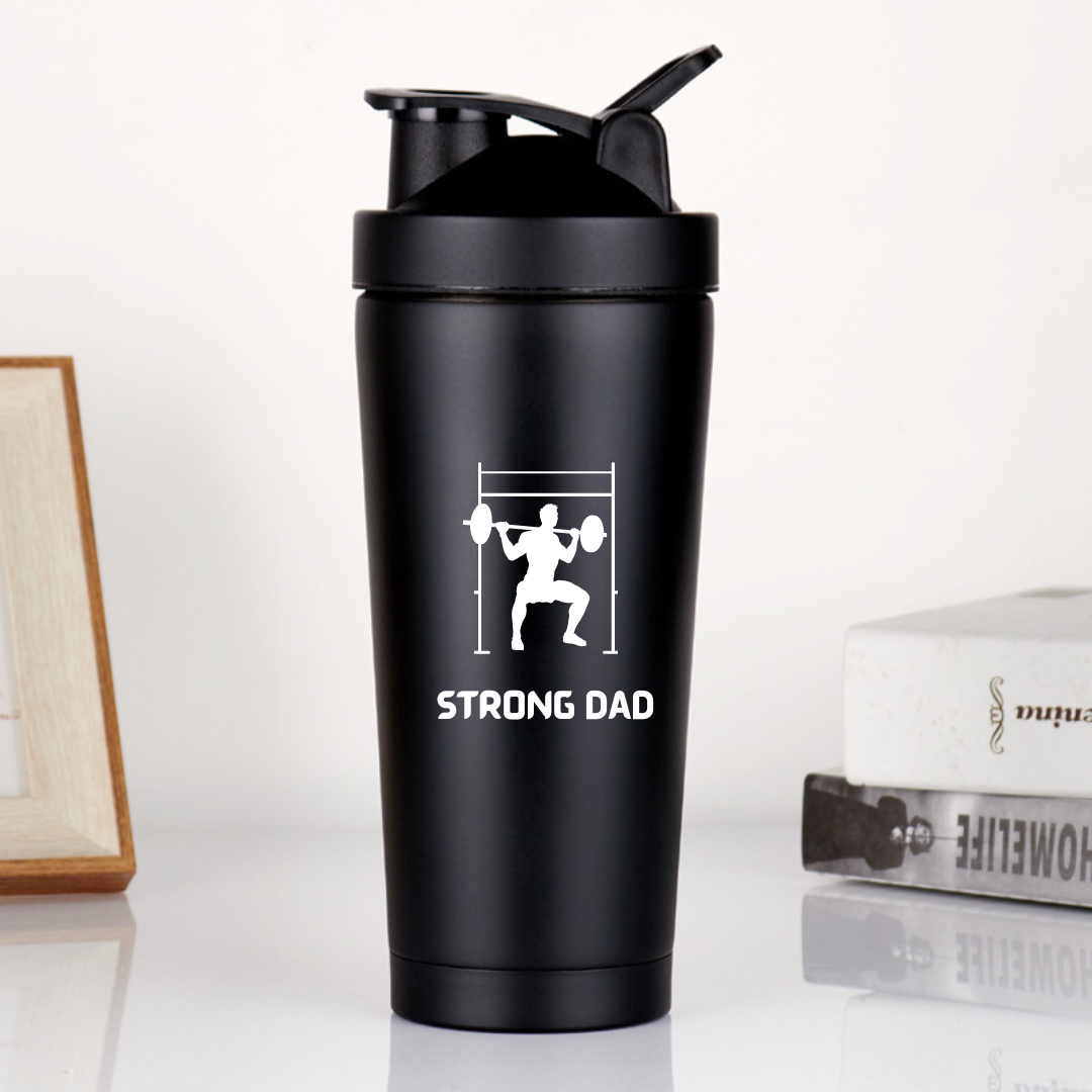 STRONG DAD Protein Shaker Bottle - the ultimate companion for gym dads. Our Stainless Steel Protein Shaker Cup is not just a fitness essential; it's a stylish accessory and a thoughtful birthday gift.