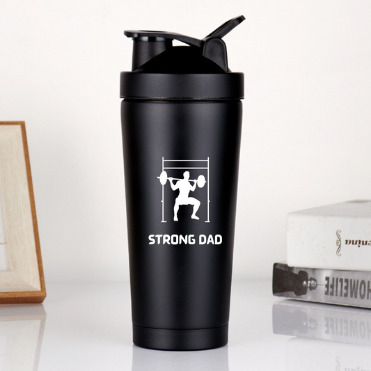 STRONG DAD Protein Shaker Bottle - the ultimate companion for gym dads. Our Stainless Steel Protein Shaker Cup is not just a fitness essential; it's a stylish accessory and a thoughtful birthday gift.
