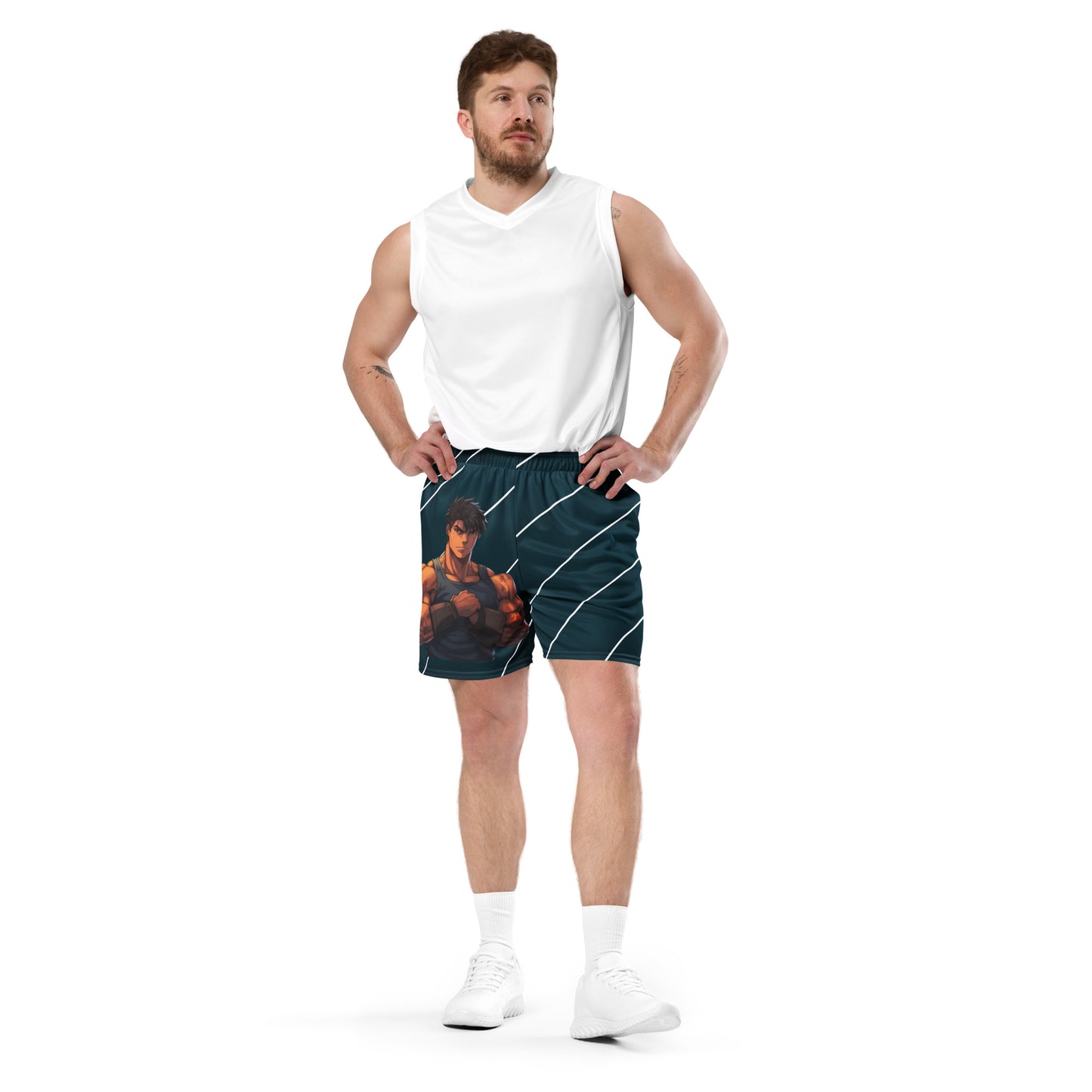 Pantalones cortos de malla unisex con figura muscular de anime 