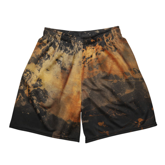 Gold Fusion Unisex mesh shorts | Tie Dye Shorts for Men & Women | Black Paint with Silver and Gold Inkblots | All Over Print Workout Shorts