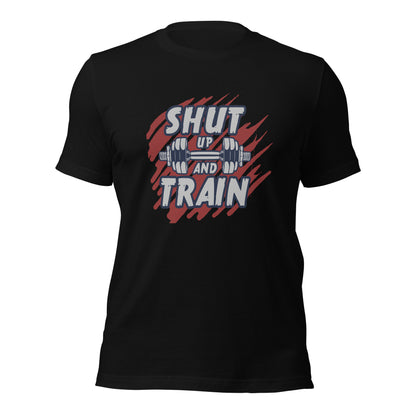 SHUT UP AND TRAIN Unisex T-shirt Introducing our exclusive "SHUT UP AND TRAIN" Gym Unisex T-shirt – the perfect blend of comfort and style for your workout sessions! Crafted with care, this tee is designed to elevate your gym experience. 🏋️‍♂️